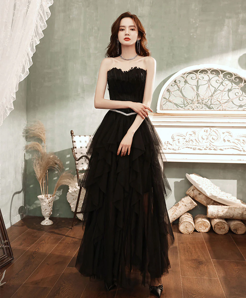 Black Aline Tulle Long Prom Dress, Black Formal Evening Dress with Feather - Deanwangkt