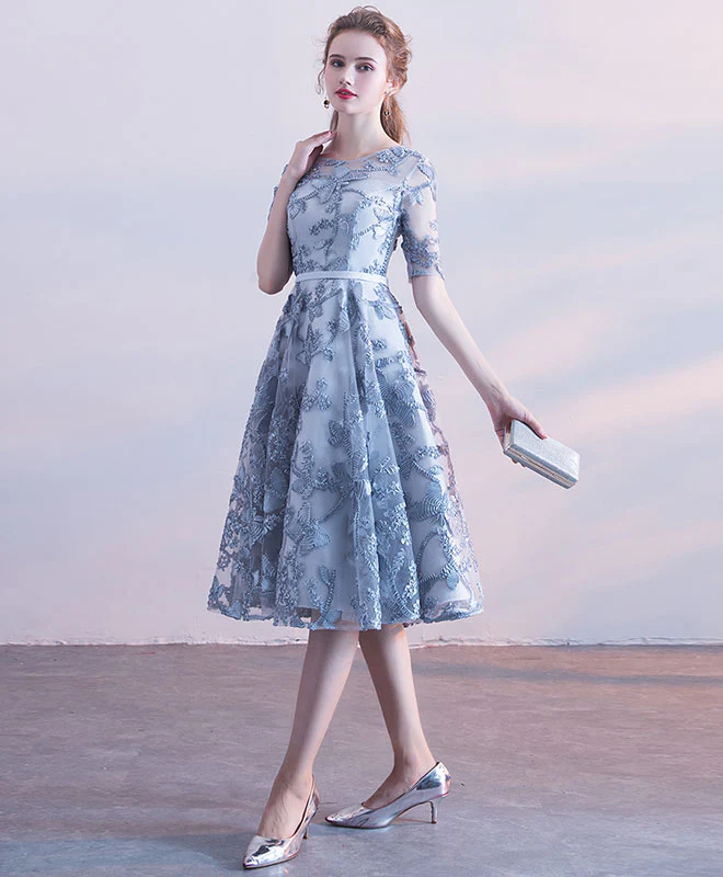 Gray Blue Tulle Lace Short Prom Dress, Gray Blue Homecoming Dress - Deanwangkt