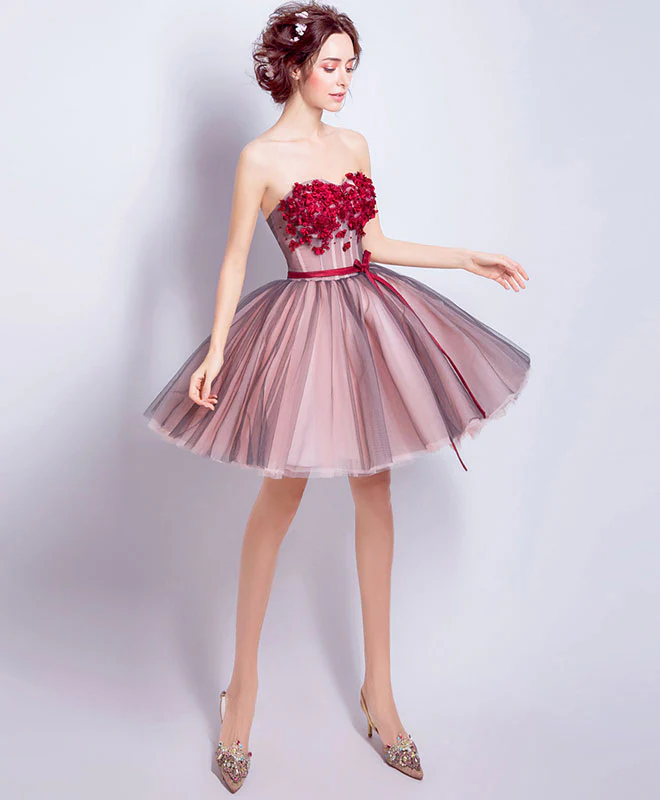 A Line Sweetheart Neck Tulle Mini Prom Dresses, Burgundy Homecoming Dress - Deanwangkt