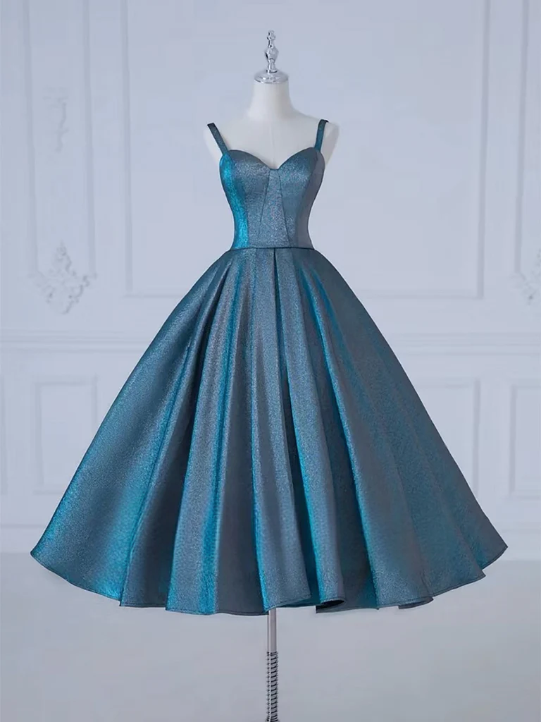 A-Line Sweetheart Neck Satin Tea Length Blue Prom Dress, Blue Formal Dress - Deanwangkt