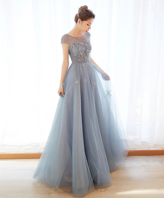 Gray Blue Tulle Long Prom Dress, Gray Blue Evening Dress - Deanwangkt