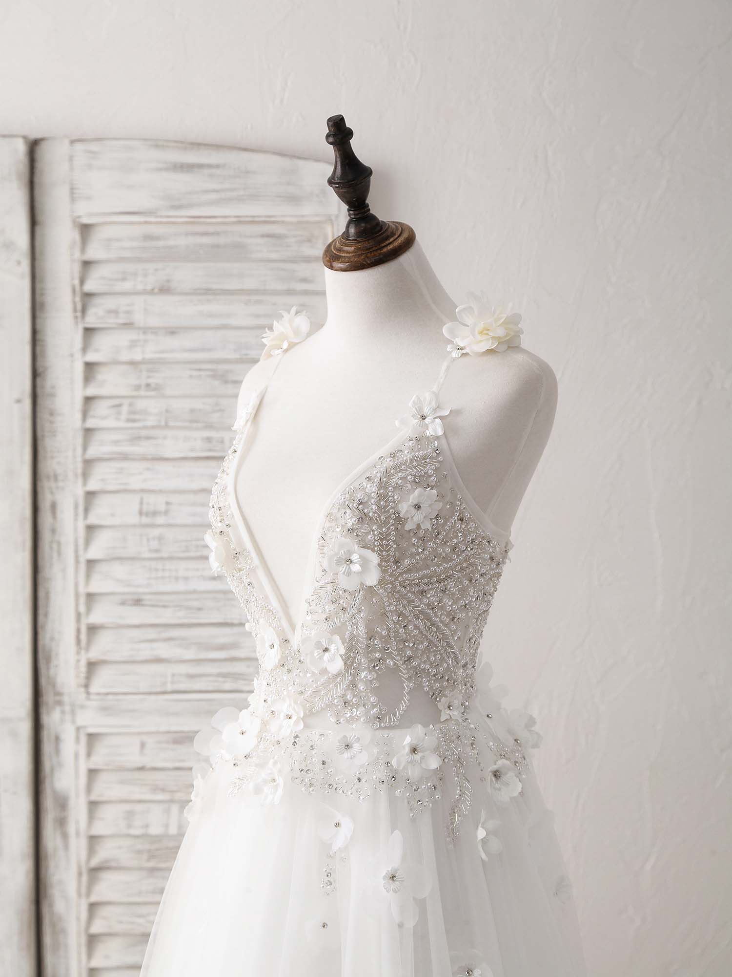 White V Neck Tulle Beads Long Prom Dress White Evening Dress - Deanwangkt