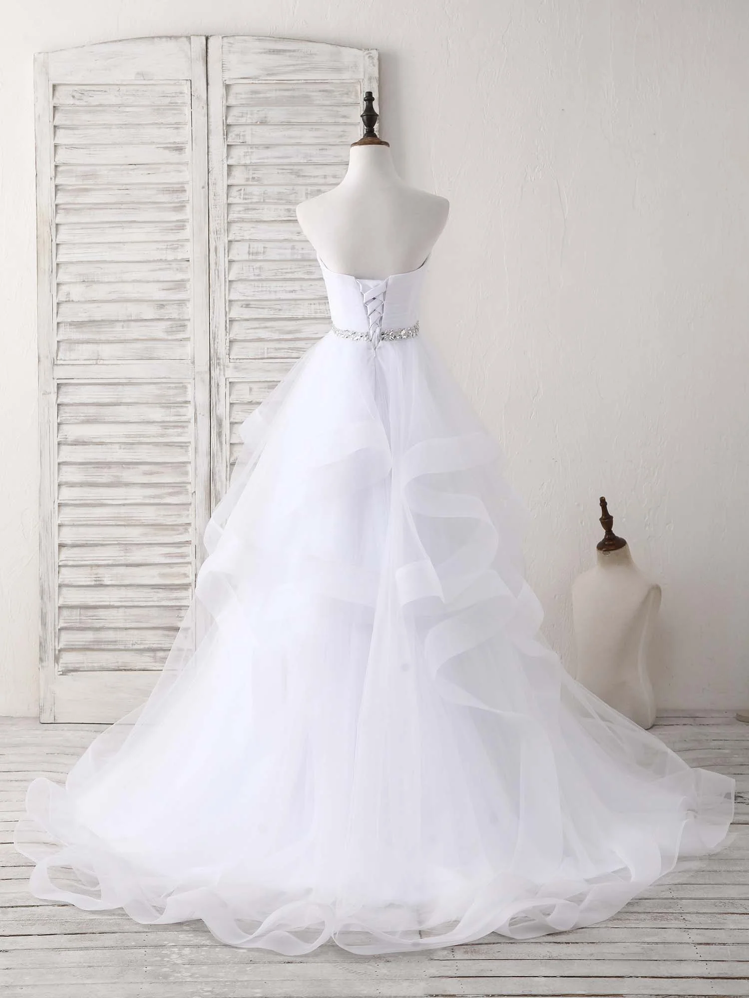 White Sweetheart Neck Tulle Long Prom Dress, White Formal Graduation Dress - Deanwangkt