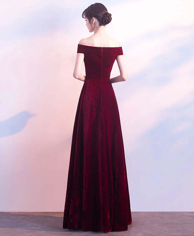 Burgundy V Neck Velvet Long Prom Dress, Evening Dress - Deanwangkt