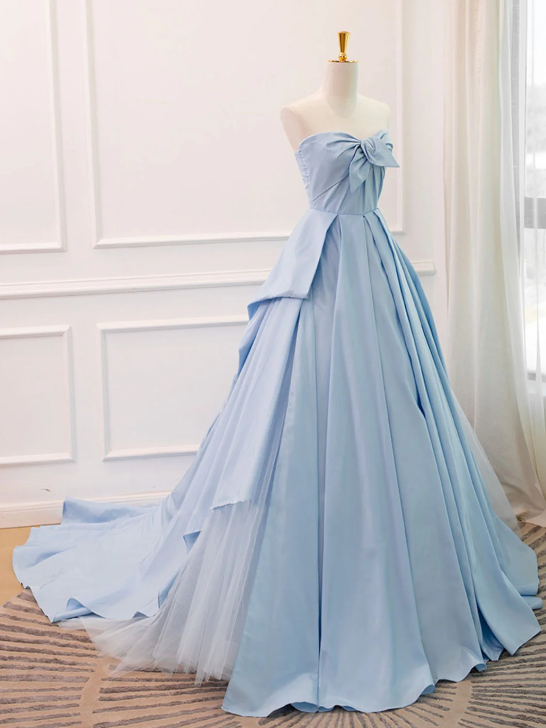 A-Line Sweetheart Neck Satin Tulle Blue Long Prom Dress, Blue Evening Dress - Deanwangkt