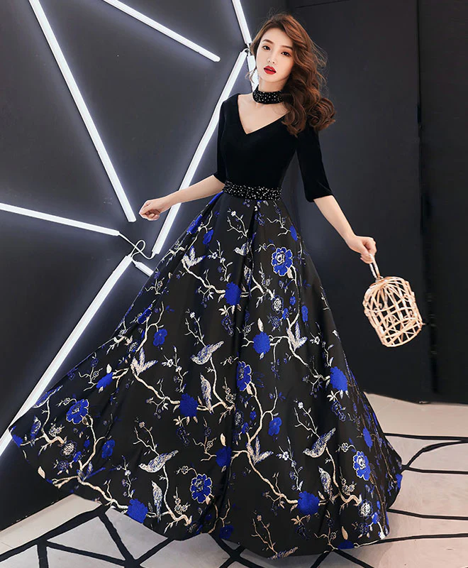 Black V Neck Satin Long Prom Dress, Black Evening Dress - Deanwangkt