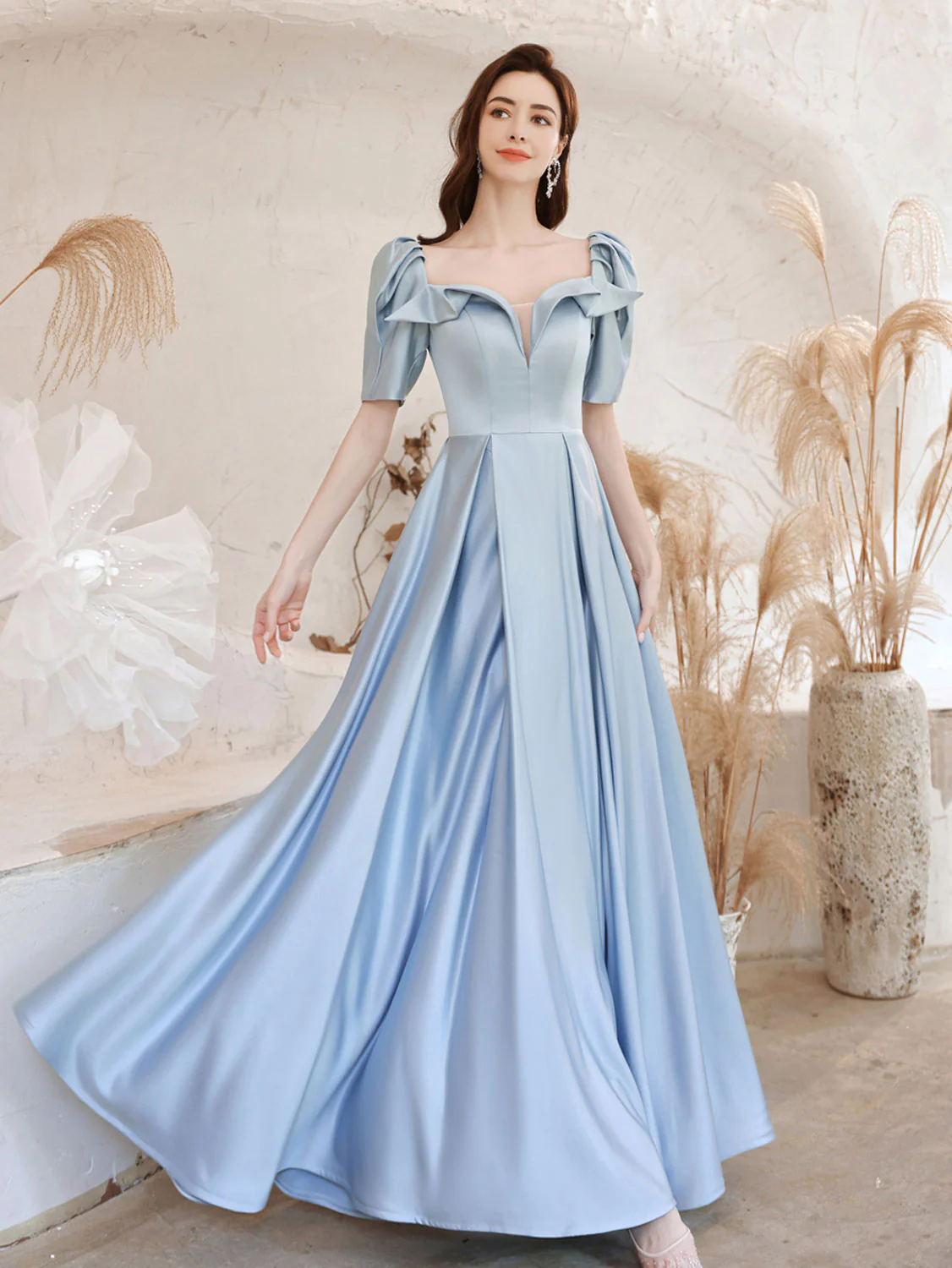 A-Line Square Neckline Satin Blue Long Prom Dress, Blue Evening Dresses - Deanwangkt