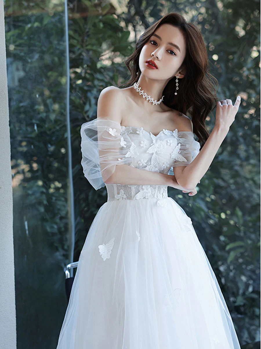 White Sweetheart Off Shoulder Tulle Lace Tea Length Prom Dress - Deanwangkt
