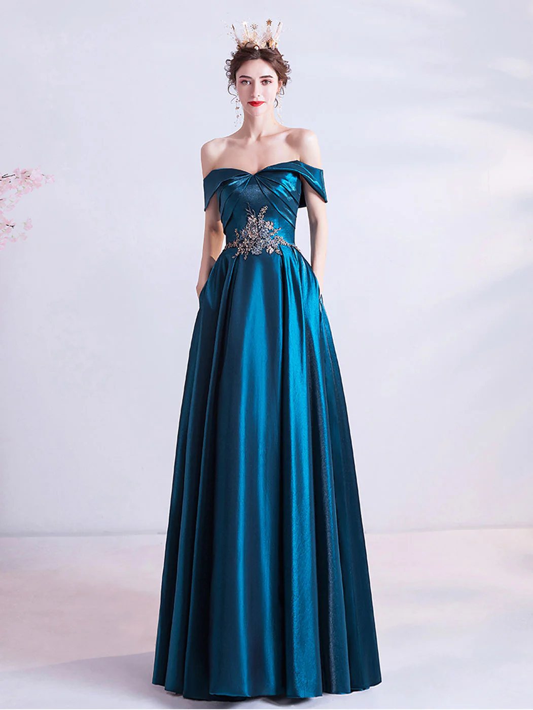 A-Line Sweetheart Neck Satin Blue Long Prom Dress, Blue Evening Dresses - Deanwangkt