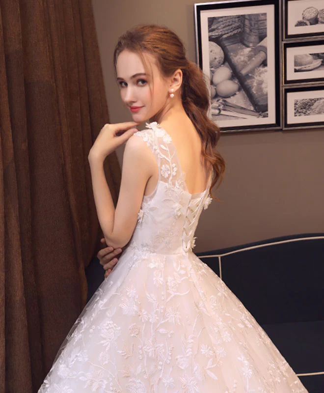 White Round Neck Lace Tulle Long Prom Dress, Wedding Dress - Deanwangkt