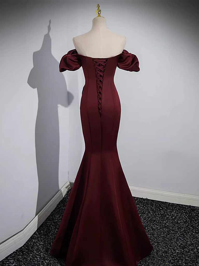 Mermaid off Shoulder Satin Burgundy Long Prom Dress, Burgundy Formal Dress - Deanwangkt
