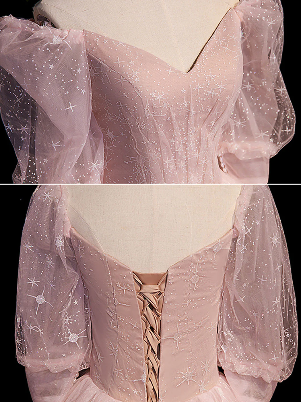 Pink A Line Puffy Sleeves Tulle Long Prom Dress, Pink Sweet 16 Dress - Deanwangkt