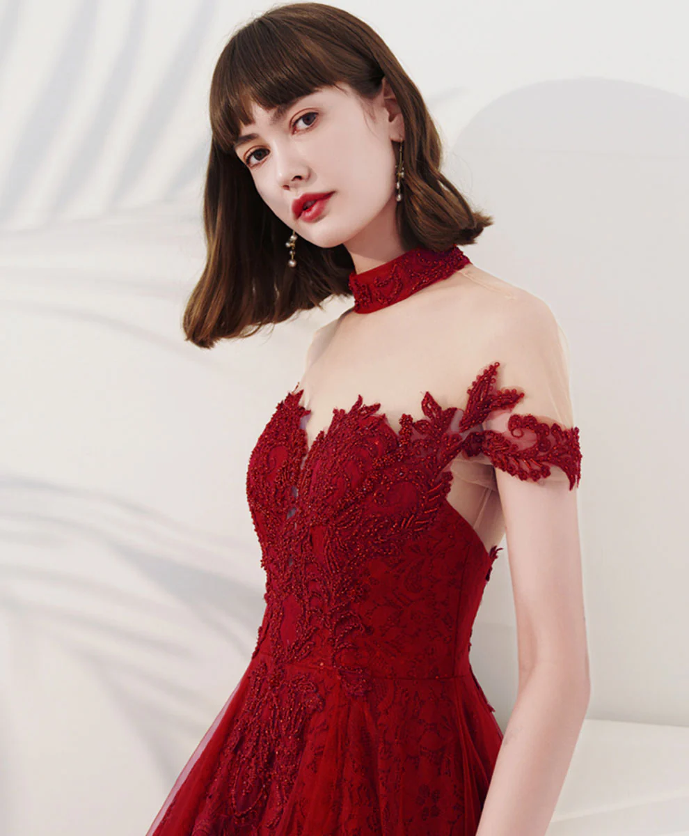 Burgundy High Neck Tulle Lace Tea Length Prom Dress, Lace Formal Evening Dress - Deanwangkt