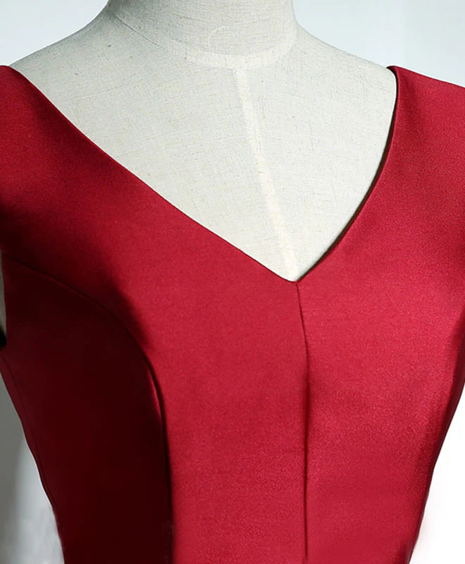 Simple Burgundy Satin V Neck Short Prom Dress, Evening Dress - Deanwangkt