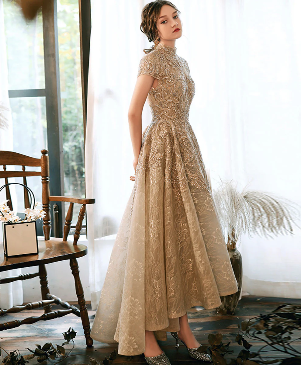 Champagne High Neck Lace Prom Dress, Champagne Lace Formal Dress - Deanwangkt