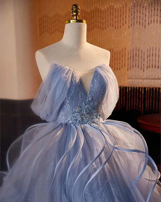 A-Line V Neck Tulle Lace Gray Blue Long Prom Dress, Blue Long Sweet 16 Dress - Deanwangkt