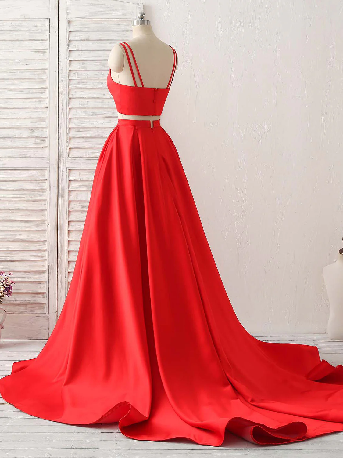 Red Two Pieces Satin Long Prom Dress Simple Red Evening Dress - Deanwangkt