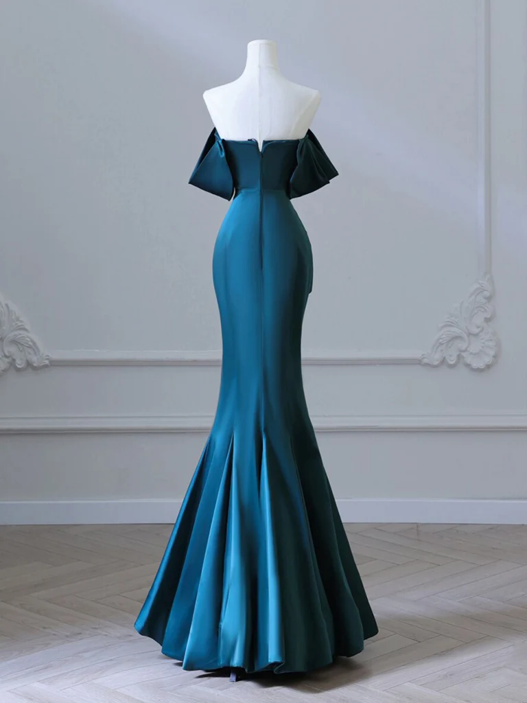 Simple Off Shoulder Satin Ink Blue Long Prom Dress, Ink Blue Long Formal Dress - Deanwangkt