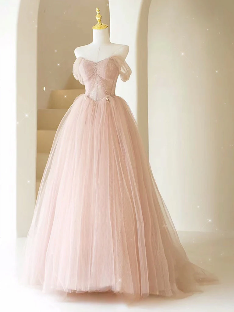 A-Line Sweetheart Neck Tulle Lace Long Pink Prom Dress, Pink Party Dress with Beads - Deanwangkt