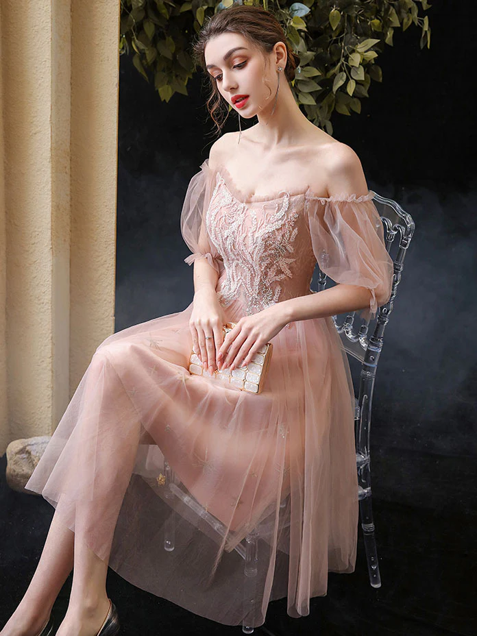 Pink Sweetheart Neck Tulle Lace Short Prom Dress, Pink Lace Homecoming Dress - Deanwangkt