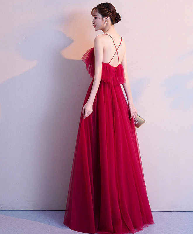 Simple Burgundy Tulle Long Prom Dress, Burgundy Evening Dress - Deanwangkt
