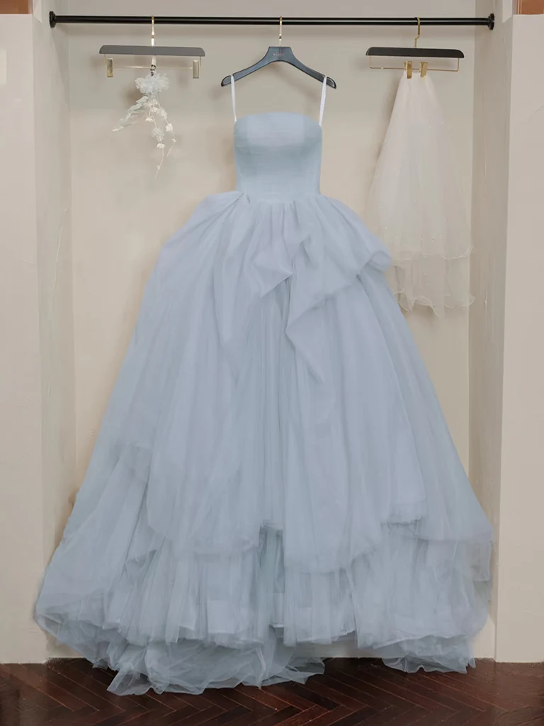 A-Line Tulle Gray Blue Long Prom Dress, Gray Blue Long Evening Dress - Deanwangkt