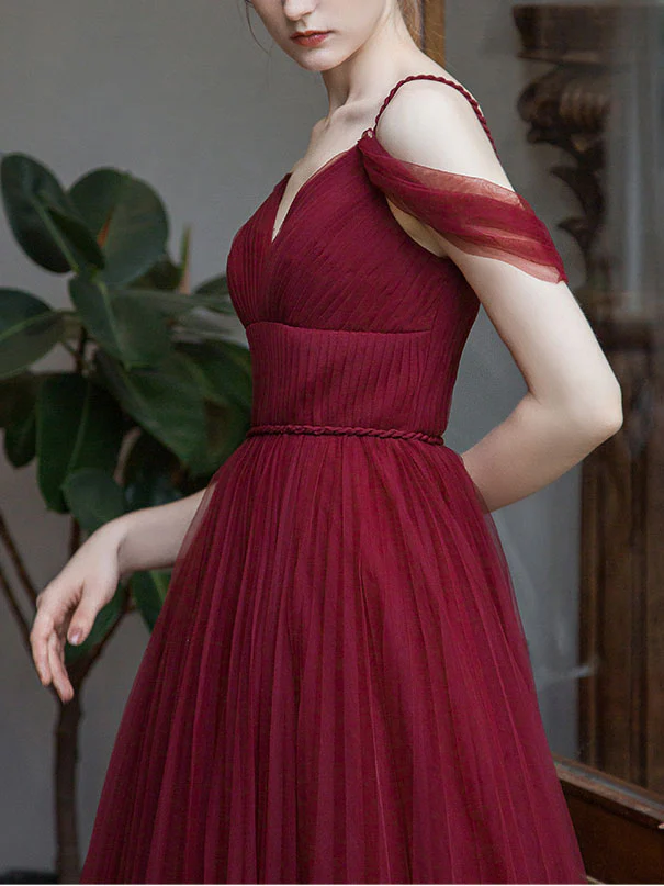 Simple Burgundy V Neck Tulle Long Prom Dress, Burgundy Bridesmaid Dress - Deanwangkt