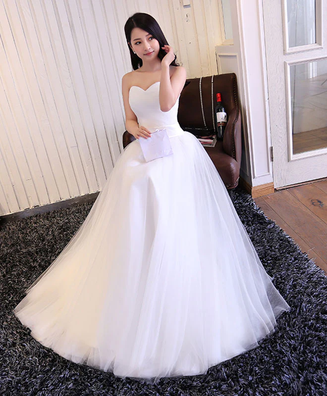 White Sweetheart Neck Tulle Long Prom Dress, Wedding Dress - Deanwangkt