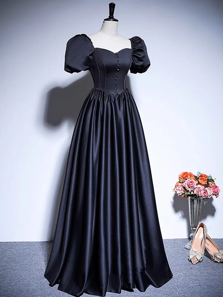 A-Line Satin Puff Sleeves Black Long Prom Dress, Black Long Evening Dress - Deanwangkt