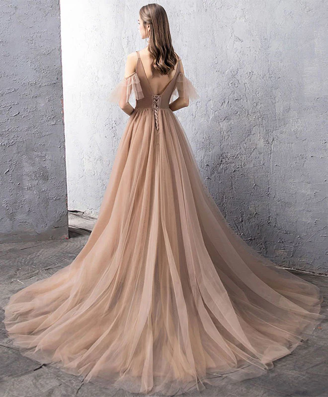 Champagne Tulle Lace Long Prom Dress, Champagne Lace Evening Dress - Deanwangkt