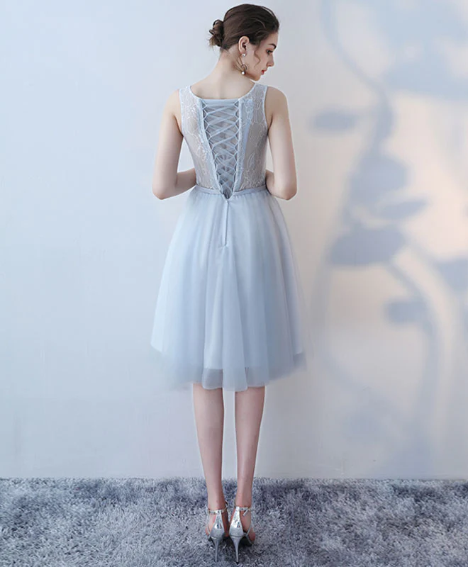 Cute V Neck Lace Tulle Short Prom Dress, Homecoming Dress - Deanwangkt