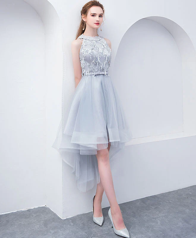 Cute High Neck Gray Tulle Short Prom Dress, Tulle Homecoming Dress - Deanwangkt