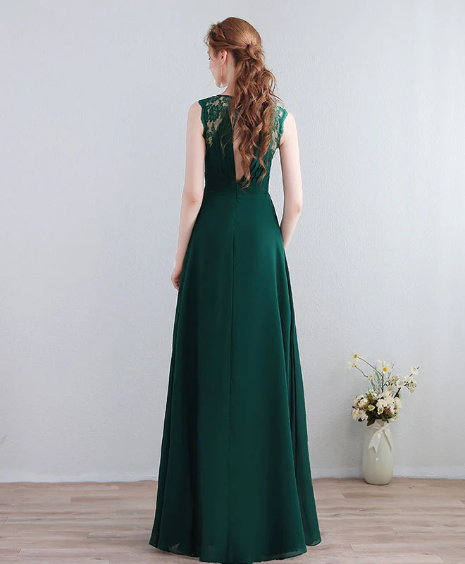 Green Lace Chiffon Long Prom Dress, Green Evening Dress - Deanwangkt