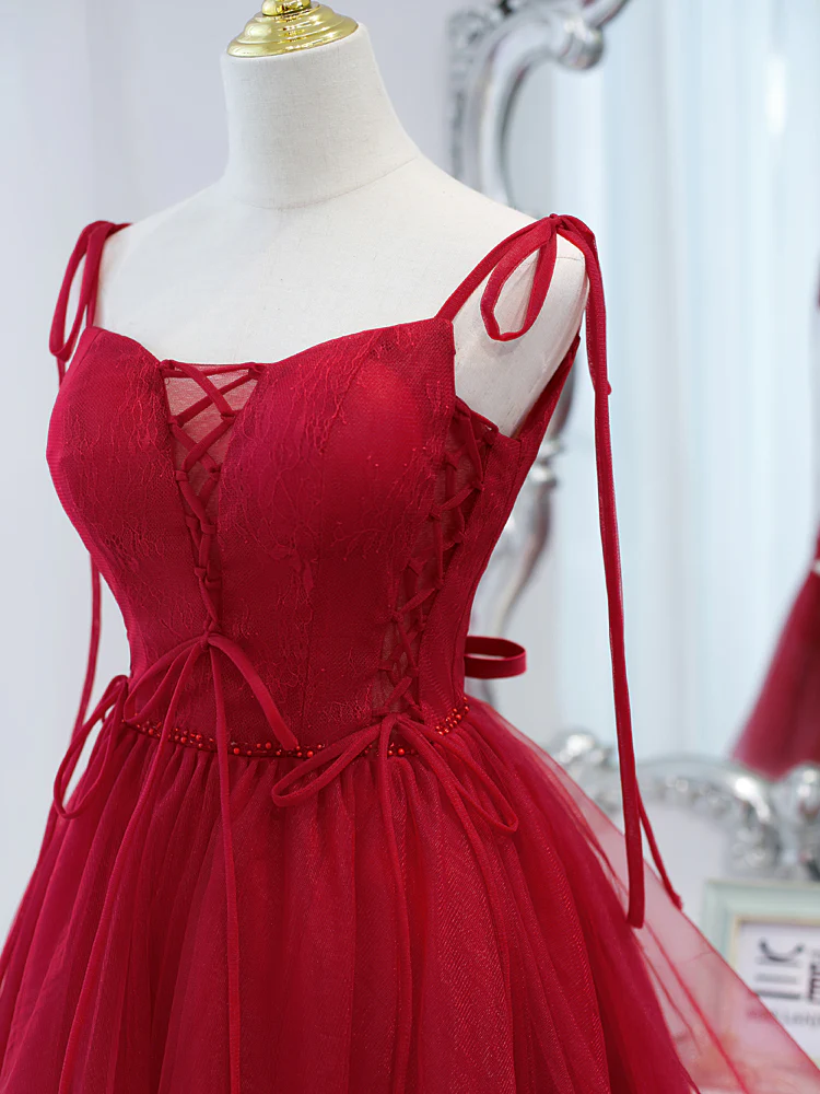 Red Tulle Lace Short Prom Dress Red Lace Puffy Homecoming Dress - Deanwangkt