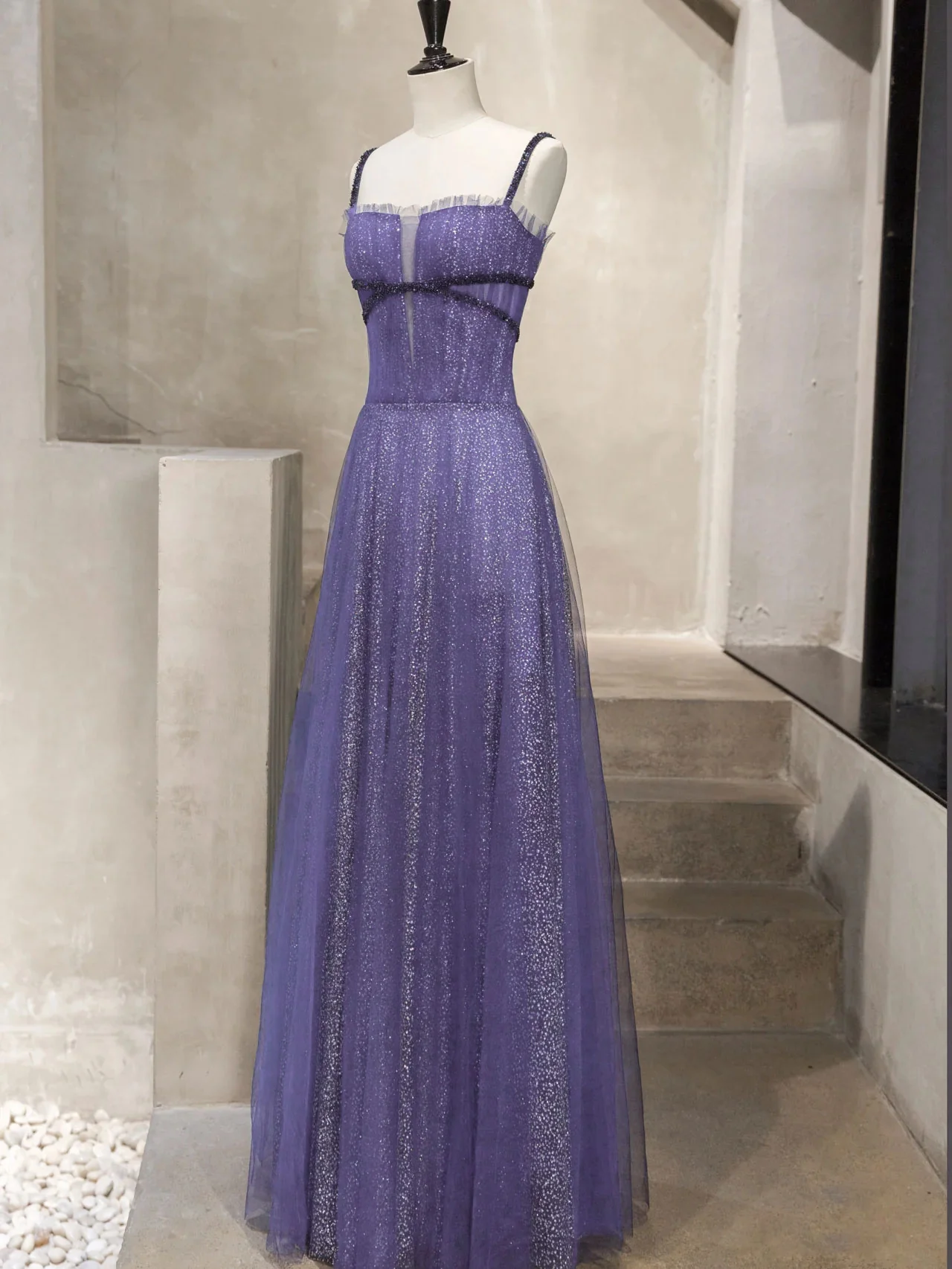 Unique Tulle Sequin Long Prom Dress, Tulle Sequin Graduation Dresses - Deanwangkt