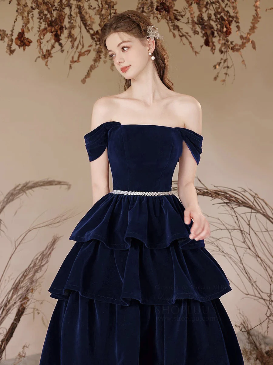 A-Line Off Shoulder Velvet Dark Blue Long Prom Dress, Dark Blue Long Formal Dress - Deanwangkt