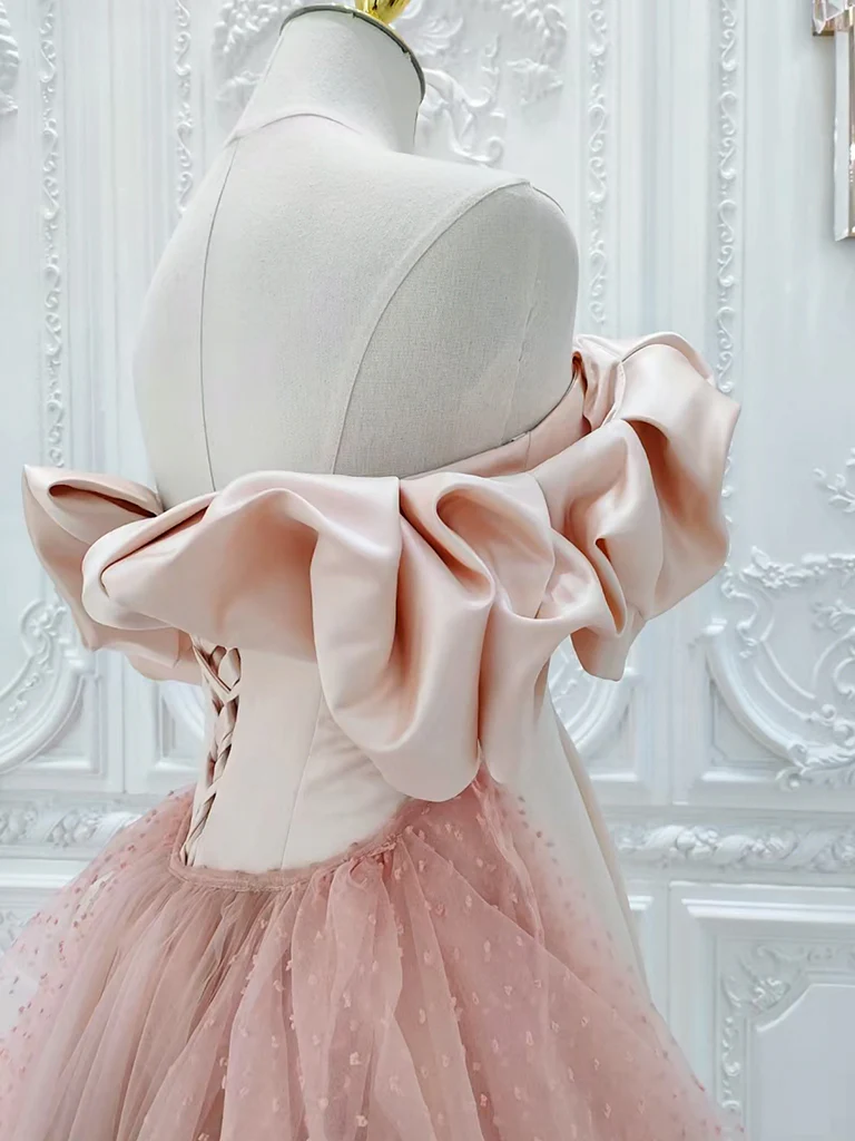 A-Line Off Shoulder Statin Tulle Pink Long Prom Dress, Pink Long Formal Dress - Deanwangkt