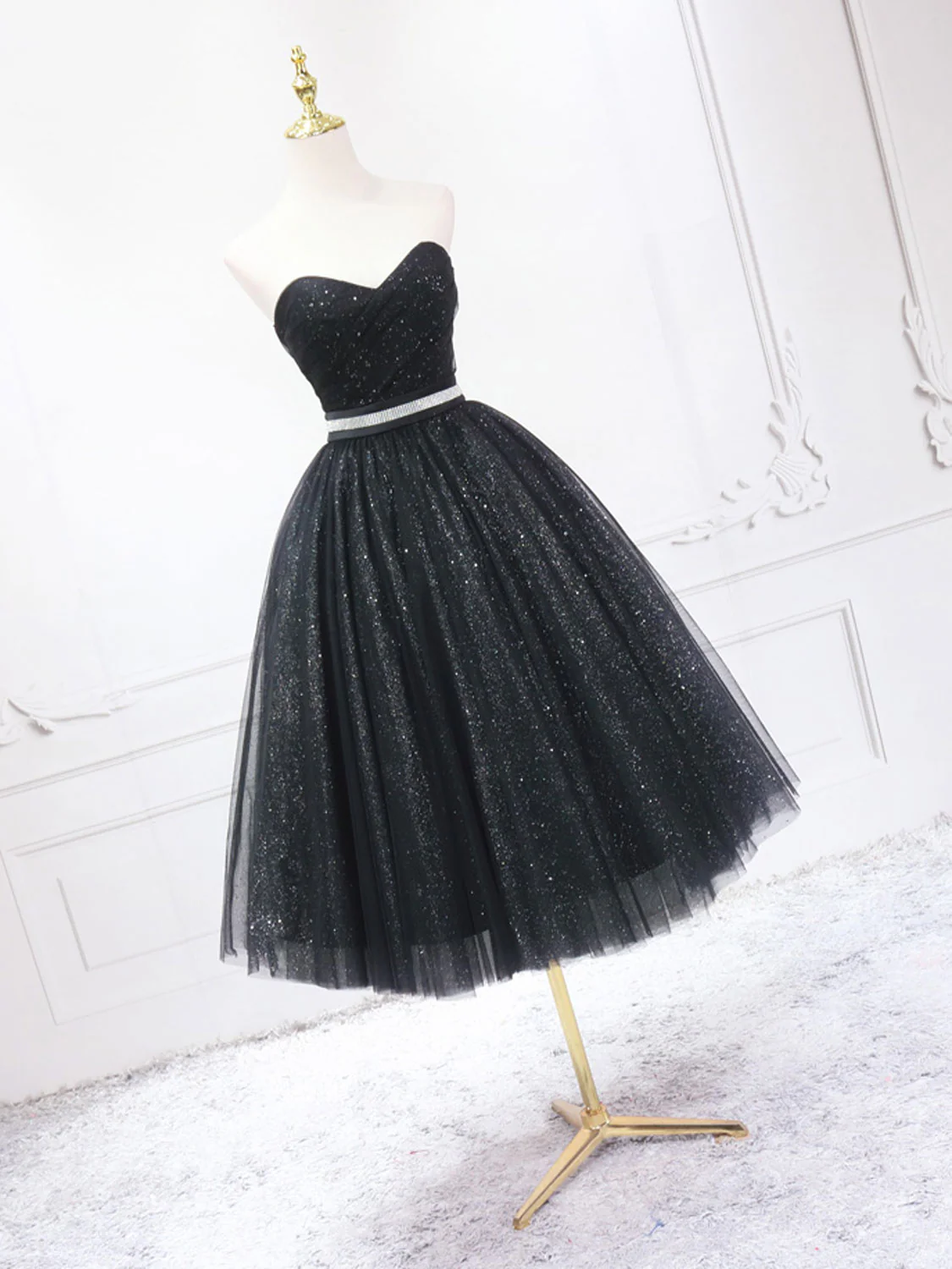 A-Line Sweetheart Neck Black Short Prom Dress, Black Formal Evening Dresses - Deanwangkt