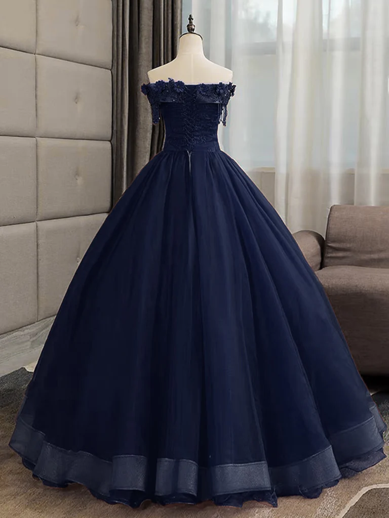 A-Line Tulle Lace Dark Blue Long Prom Dress, Dark Blue Long Sweet 16 Dress - Deanwangkt