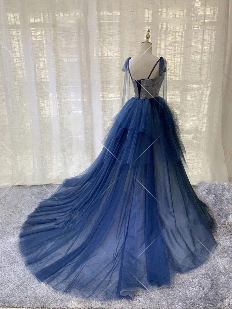 Blue Tulle Long Prom Dress, Blue Tulle Long Evening Dress - Deanwangkt
