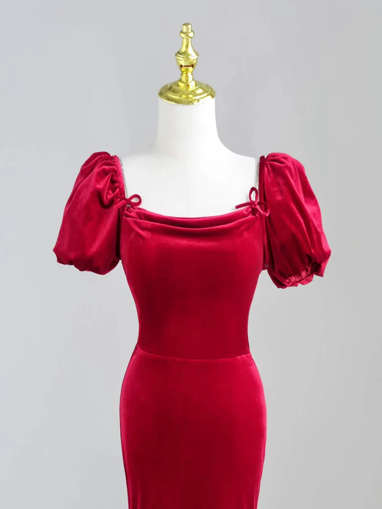 Simple Mermaid Velvet Backless Burgundy Long Prom Dress, Burgundy Party Dress - Deanwangkt
