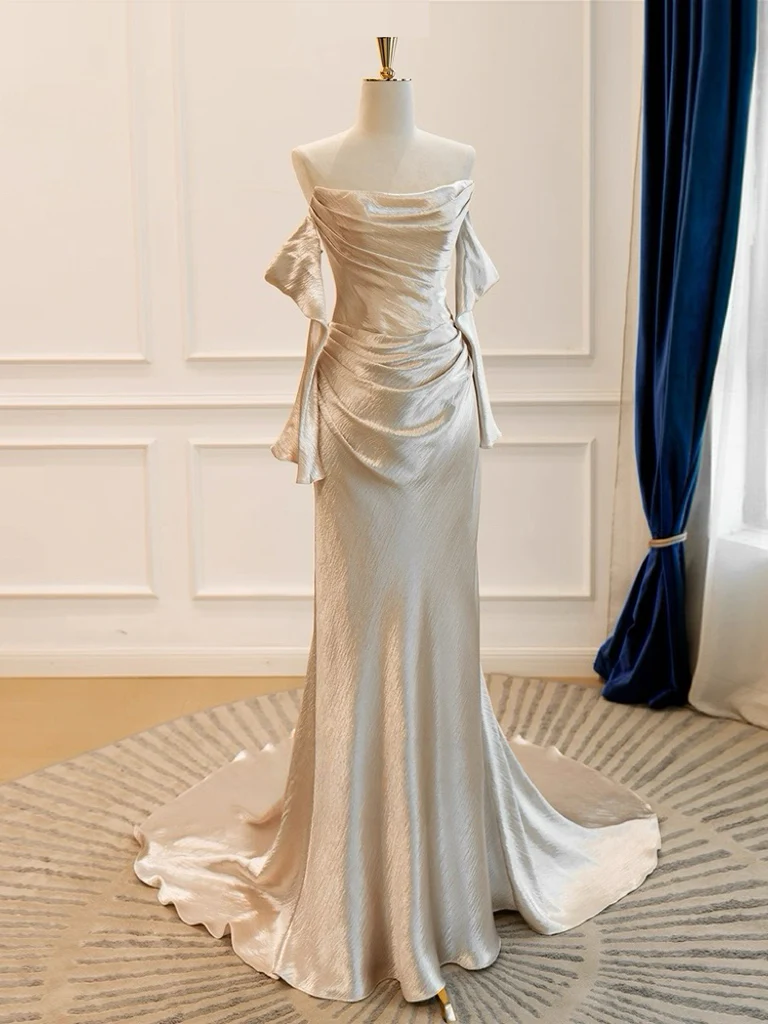 Simple Mermaid Champagne Long Prom Dress, Champagne Evening Dress - Deanwangkt