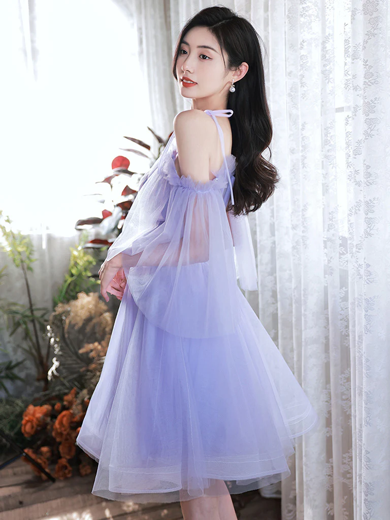 A-Line Purple V Neck Tulle Short Prom Dress, Purple Homecoming Dress - Deanwangkt