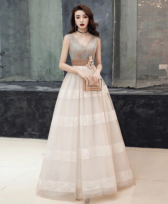 Unique V Neck Tulle Lace Long Prom Dress Tulle Lace Formal Dress - Deanwangkt