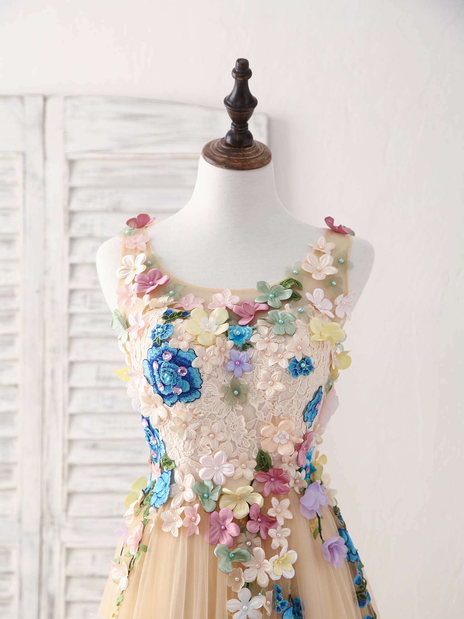 Champagne Tulle Lace Applique Long Prom Dress, Evening Dress - Deanwangkt