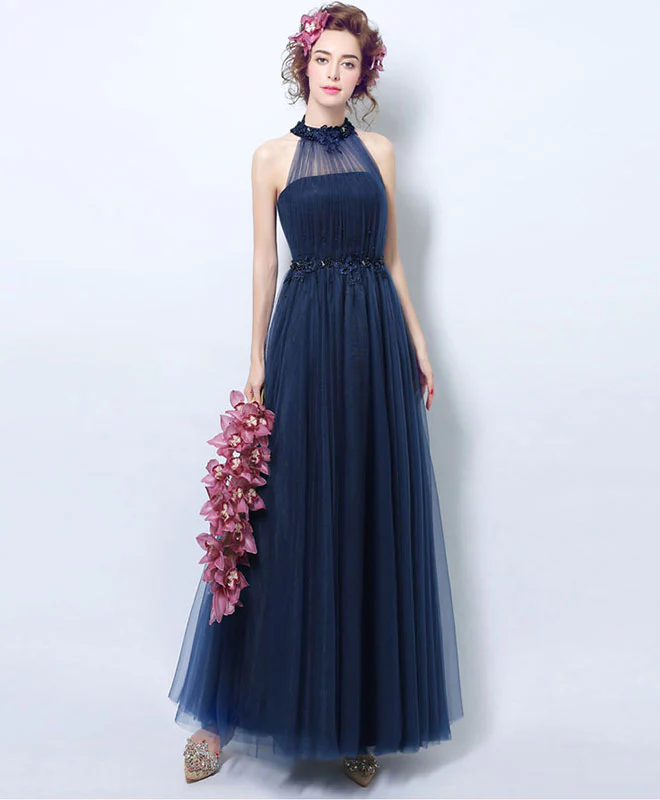 Simple Blue Tulle Tea Long Prom Dress, Blue Evening Dress - Deanwangkt