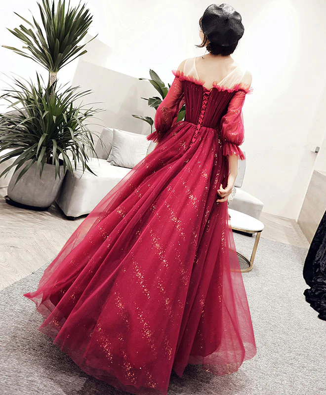 Dark Red Tulle Lace Long Prom Dress, Dark Red  Evening Dress - Deanwangkt