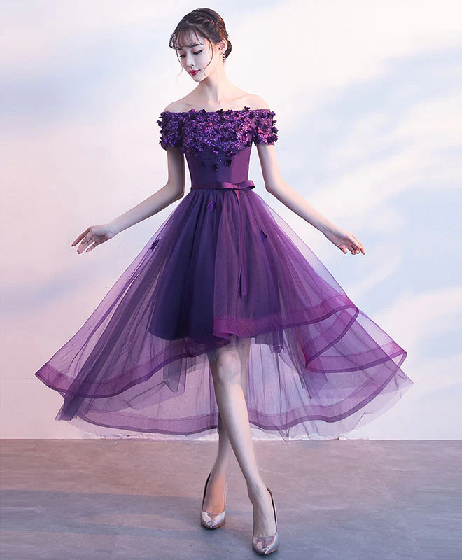 Purpler Tulle Lace Short Prom Dress, Purple Evening Dress - Deanwangkt