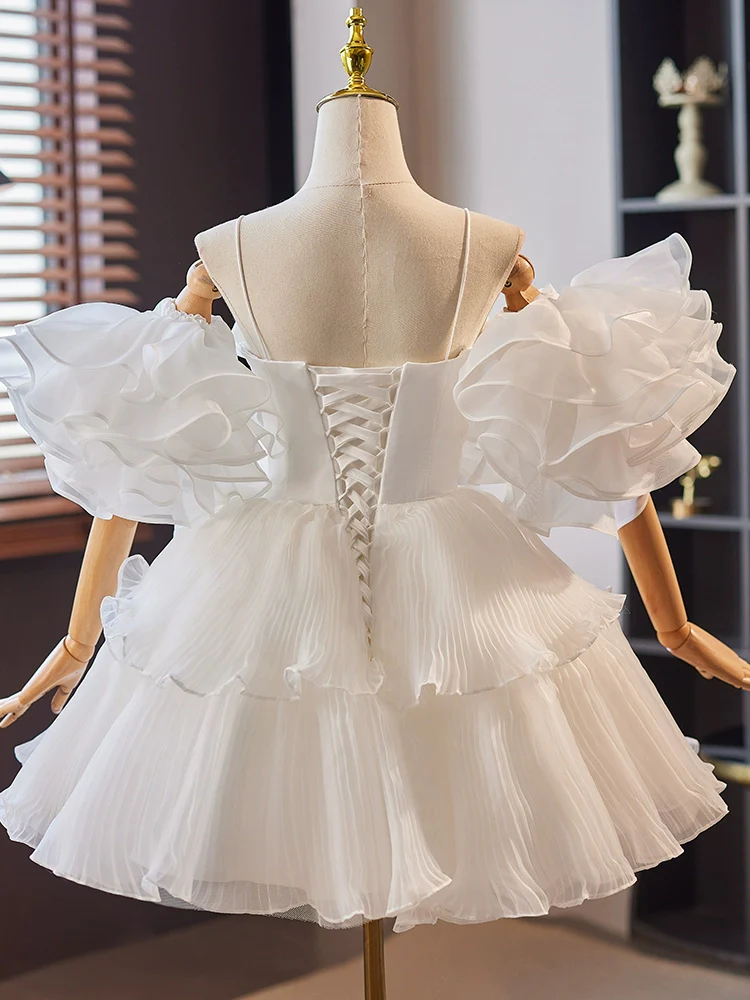 White Sweetheart Neck Organza Short Prom Dress, White Homecoming Dress - Deanwangkt