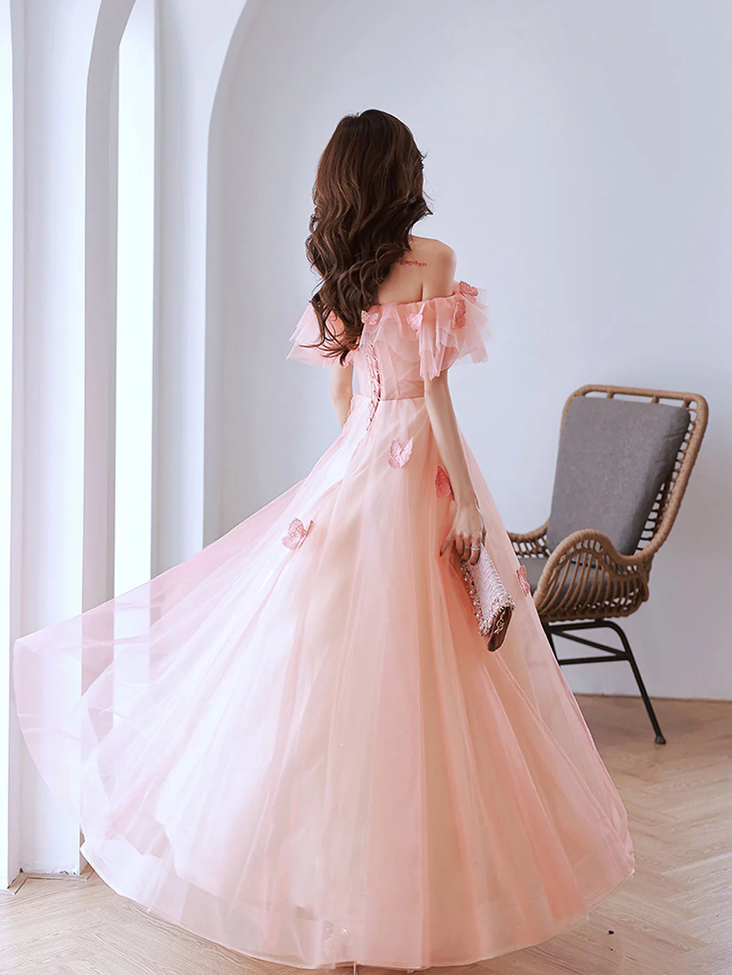A-Line Off Shoulder Pink Long Prom Dresses, Pink Tulle Formal Evening Dress - Deanwangkt